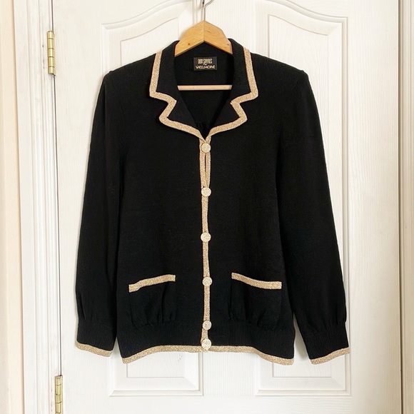 Vintage Don Sayres for Wellmore Black Gold Trim Wool Blend Knit Cardigan Sweater - Picture 2 of 9